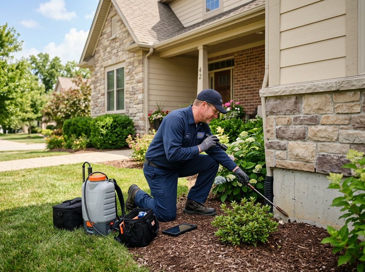 Technician inspecting a home exterior for pest activity